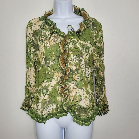 vintage y2k 90s green grunge fairy button front ruffle tie blouse size medium - Picture 1 of 8